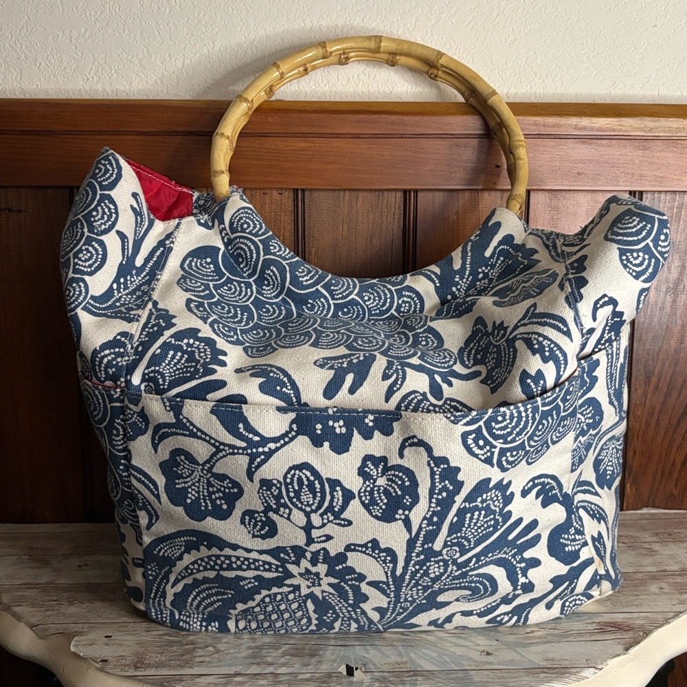 Two's Company Blue and Cream Floral Tote with Bamboo Accents